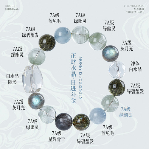 天然高级感绿幽灵蓝兔毛水晶手串五行喜补水木女款绿碧发手链招财