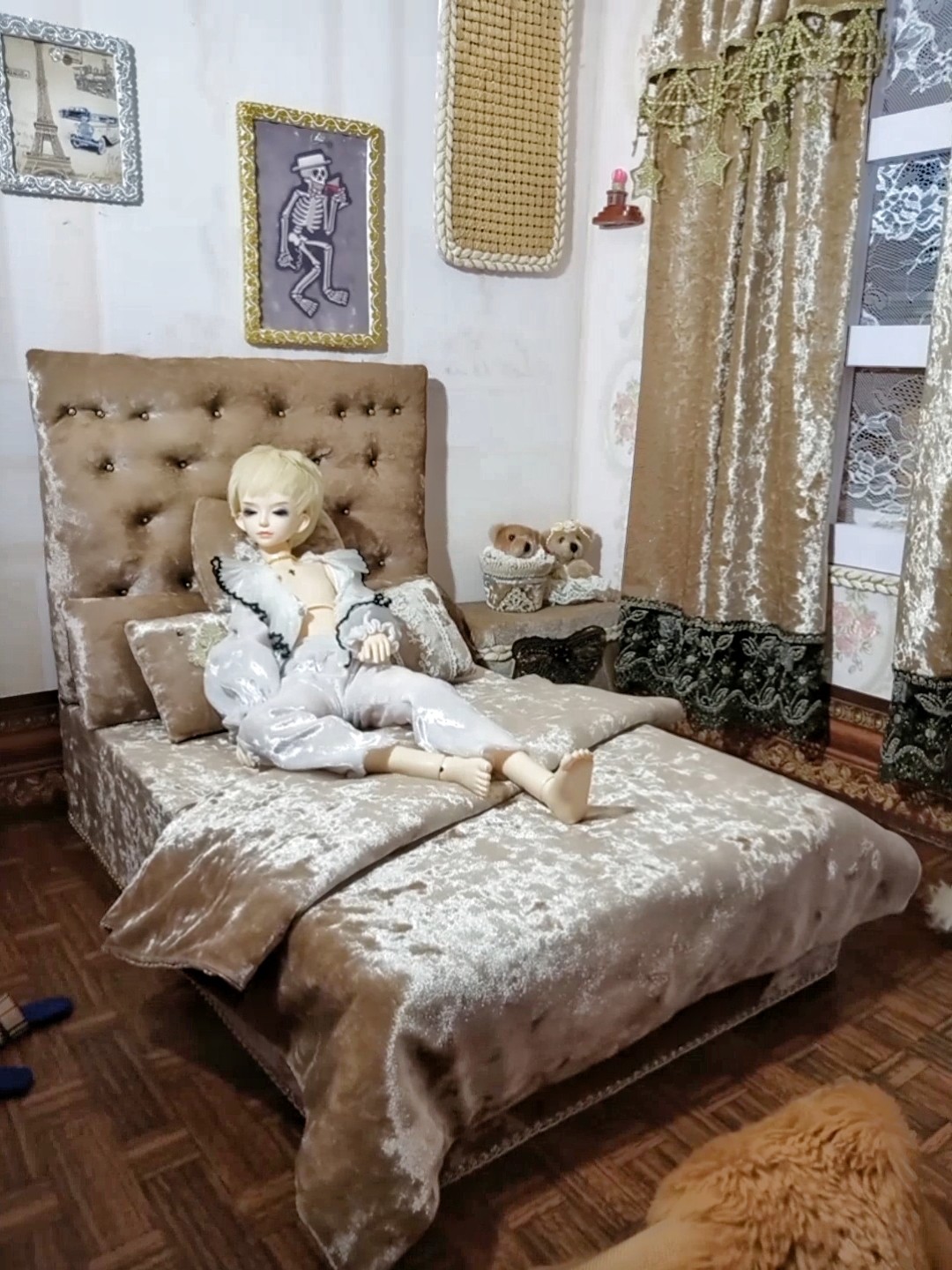 bjd4分娃床+床品套欧式复古mdd棉花娃娃sd40厘米娃屋家具拍照道具
