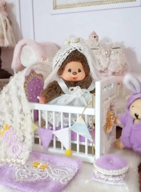 ob11婴儿床+床品套 Blythe小布1:12娃屋dollhouse抱偶bjd拍照道具