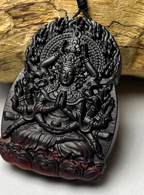 黑色小叶紫檀木千手观音本命佛吊坠木雕本命佛鼠男女红木挂件项链