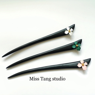 新款现代简约发簪檀木花朵墨绿粉色发饰原创设计百搭日常汉服配饰