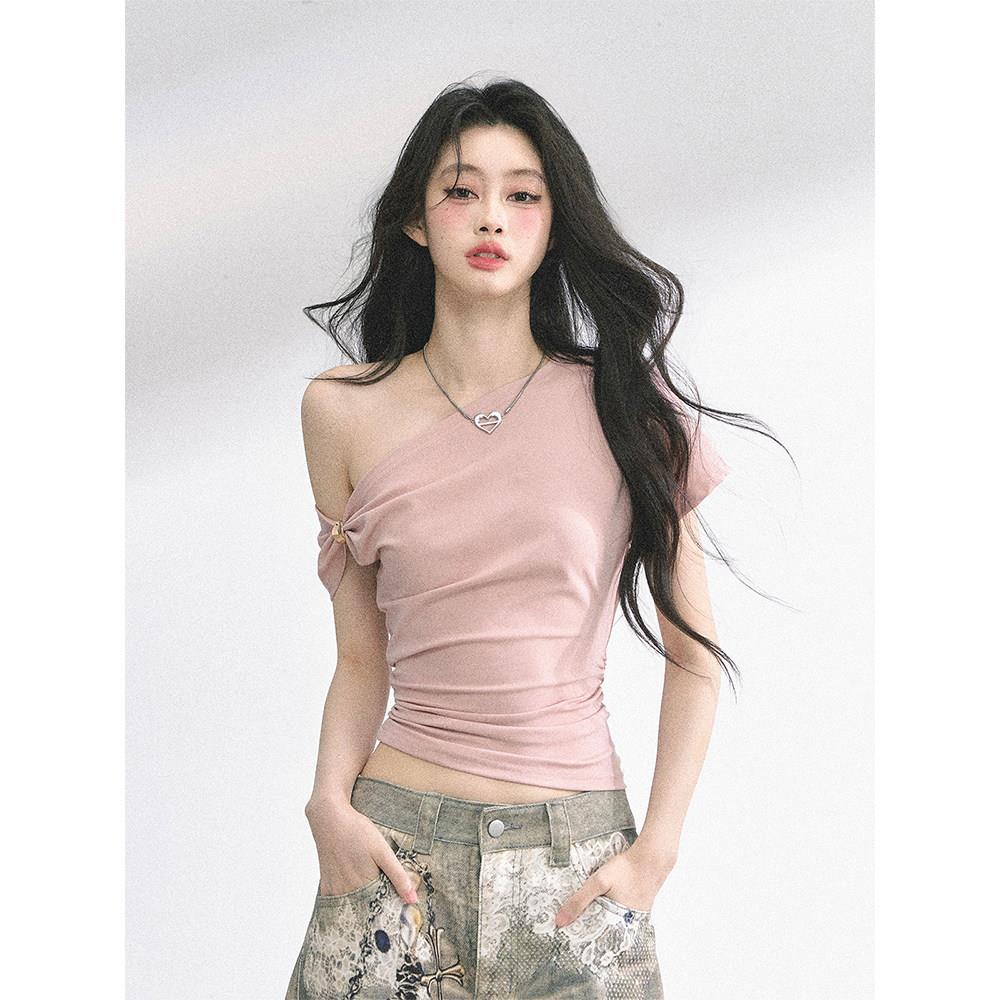 少也眼樱岛恋屿 韩系露肩甜美短袖T恤女夏季收腰显瘦辣妹粉色上衣