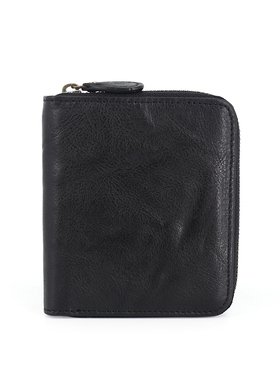 原创拉链头层牛皮零钱包青年高级真皮卡包竖款皱褶复古驾驶证钱夹