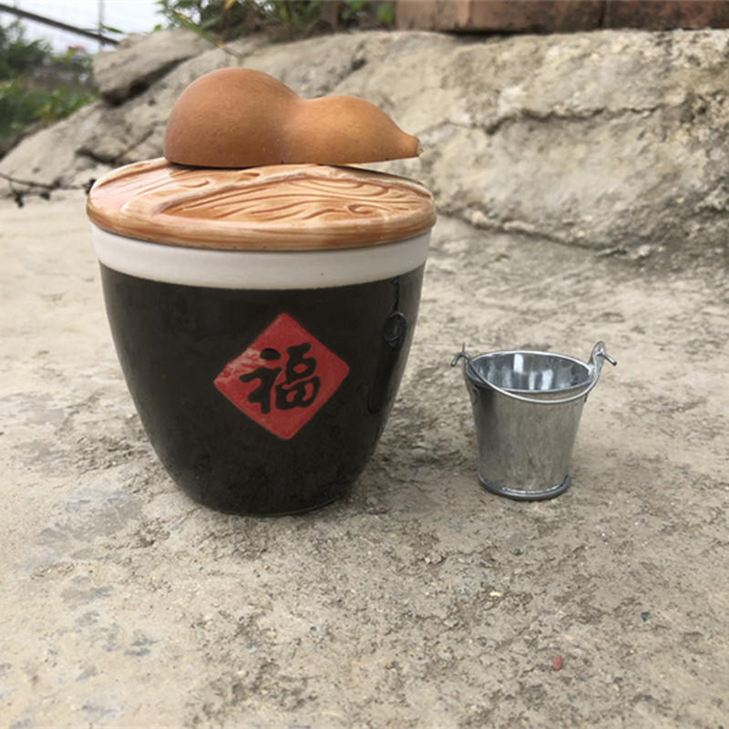 中式传统调料罐迷你小水缸食玩陶瓷水缸真煮厨房小水桶铁皮桶水瓢