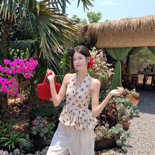 修身 复古甜美风新款 新款 V领挂脖碎花背心女夏季 显瘦露背上衣 无袖
