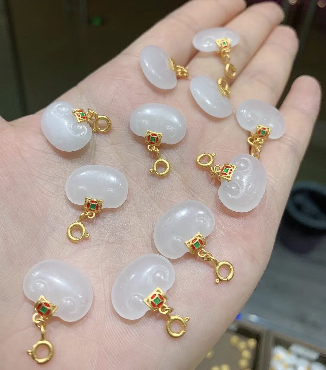 s925纯银古法银包金镶嵌和田白玉如意锁包吊坠万能穿珠提溜配件