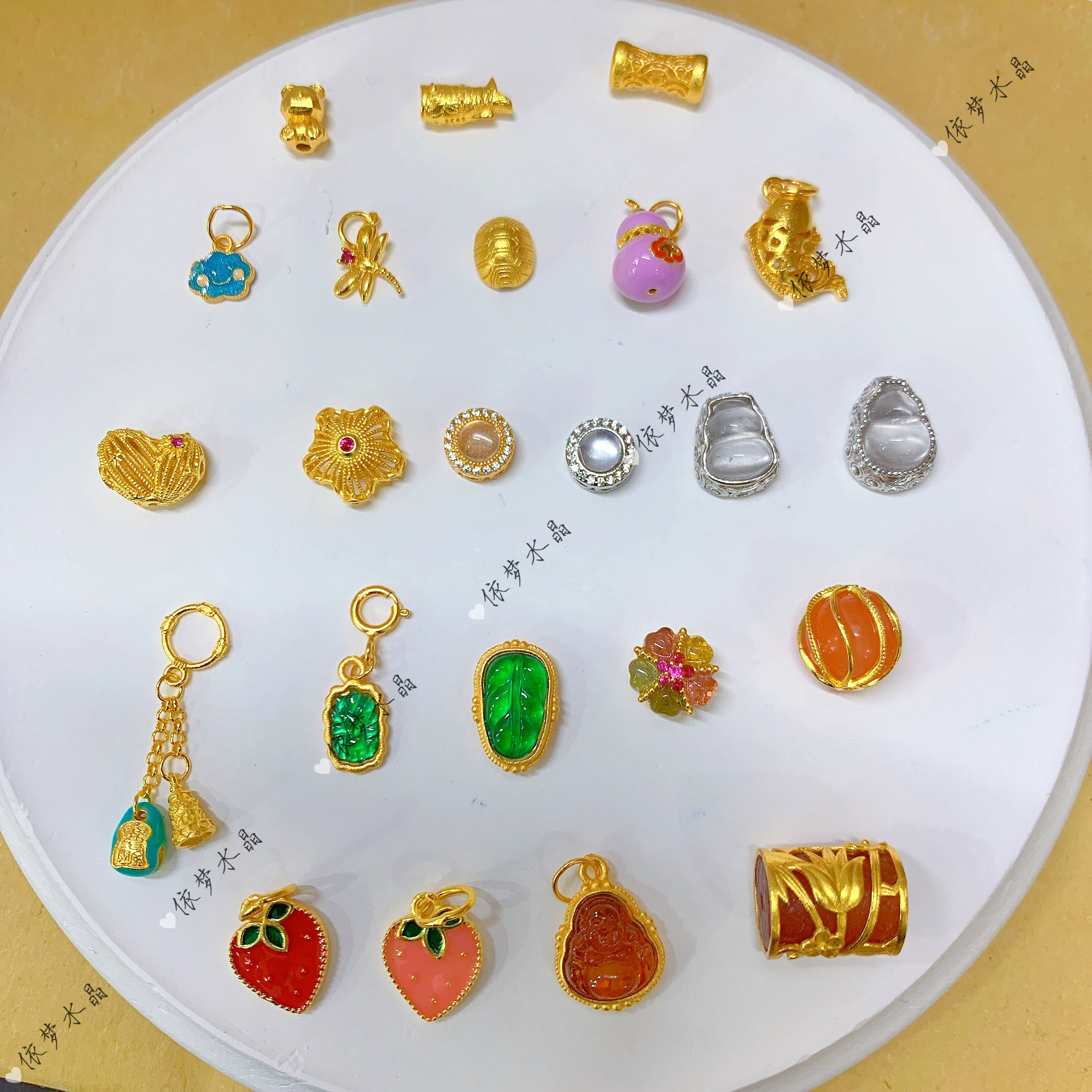 S925古法纯银镶翡翠水沫玉葫芦叶子佛公碧玺多宝隔珠diy手链配件