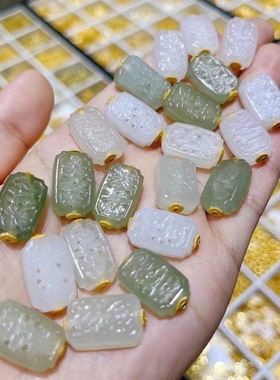 925古法银贴片镶嵌天然和田玉雕花牌手牌通孔多宝隔珠diy饰品配件