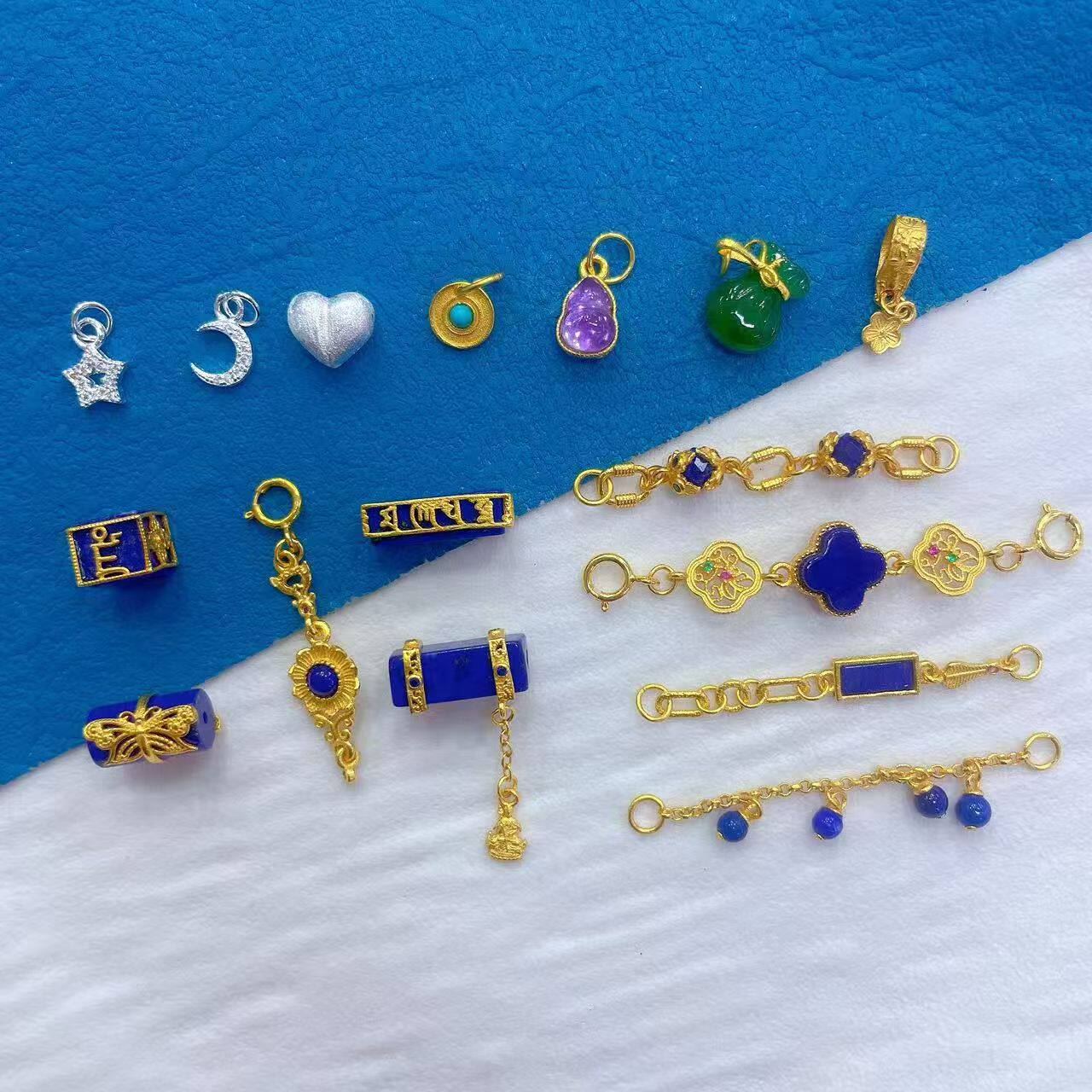 S925古法银镶青金石方块四叶草链条桶珠碧玉钱袋紫水晶葫芦吊坠