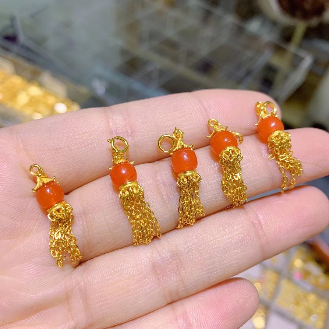 925古法银南红玛瑙流苏万能滴溜灯笼吊坠diy穿珠配件配饰