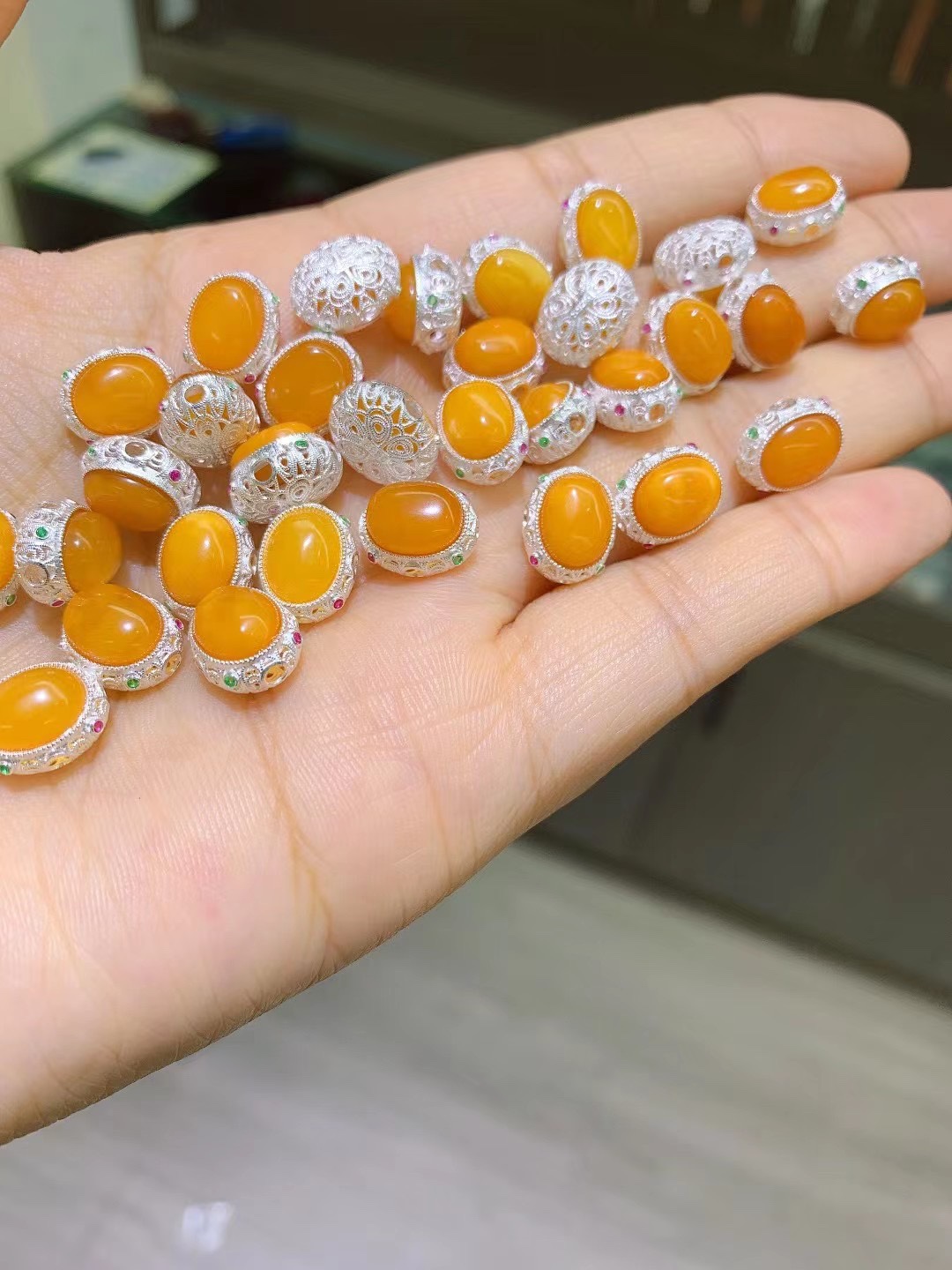 S925素银包边镶嵌蜜蜡蛋面多宝隔珠路路通背云diy手链穿珠配饰