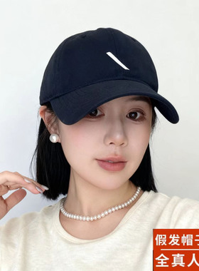 假发带帽子一体女夏季自然时尚连帽真发丝带假发帽子bobo短直发