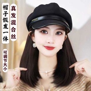 秋冬时尚齐肩锁骨假发帽子百搭逼真八角帽假发一体短内扣带帽假发