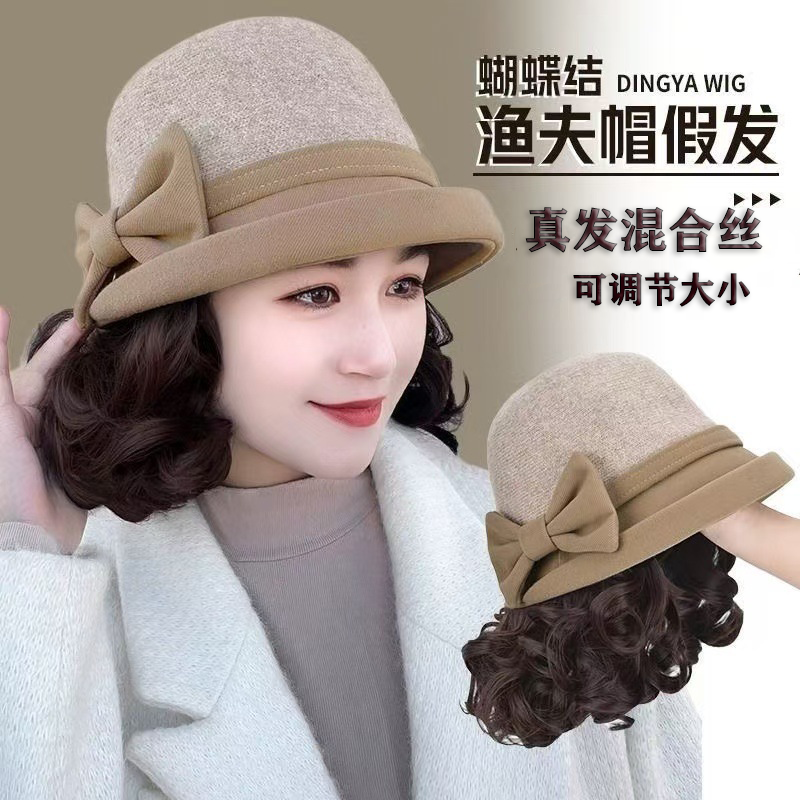 真发混合丝羊毛呢渔夫帽短卷发