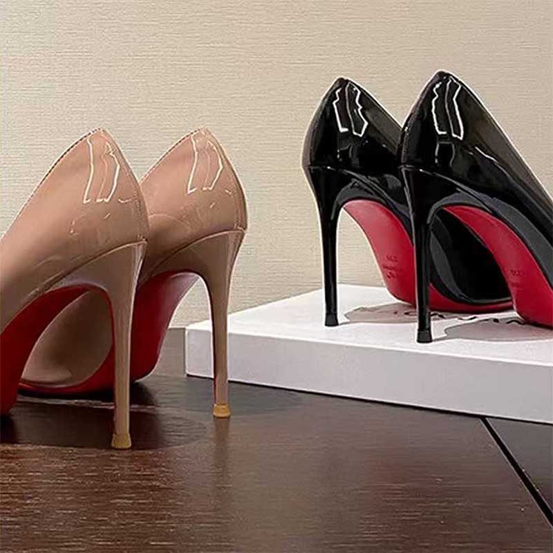 春季高跟鞋黑色气质尖头职业不累脚细跟裸色侧空红底浅口单宽胖脚