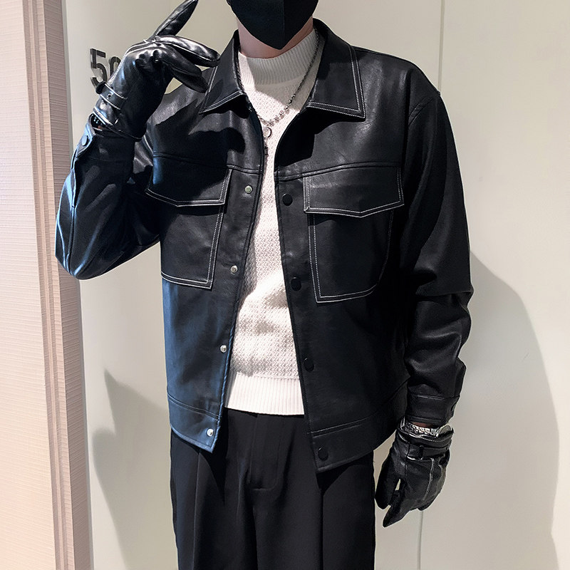 店主风秋冬男士翻领皮衣潮流帅气皮夹克夹克外套男PY21-P125图片