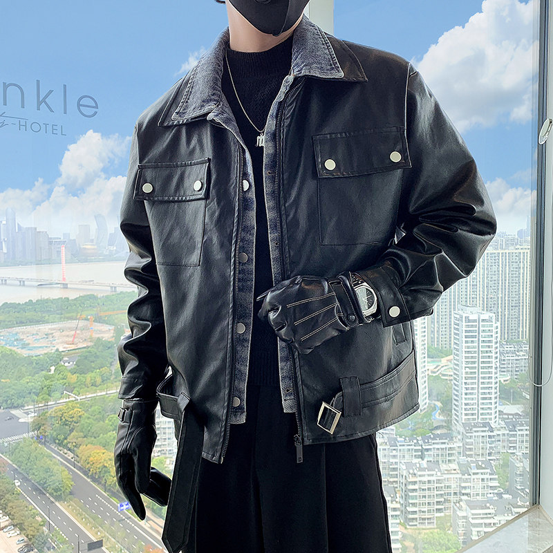 抖音社会小伙冬季新款假两件皮衣外套男-PY22-P128-控168,男装皮衣,电商A370