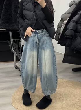欧货新款垂感宽松牛仔灯笼裤女高腰遮肉显瘦气球裤春秋九分跨裤潮