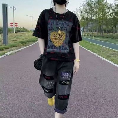 两件时尚套装2025字母夏季新款印花短袖T恤薄款水洗牛仔哈伦运动
