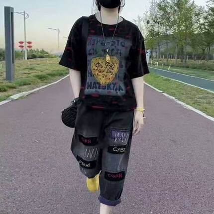 两件时尚套装2025字母夏季新款印花短袖T恤薄款水洗牛仔哈伦运动