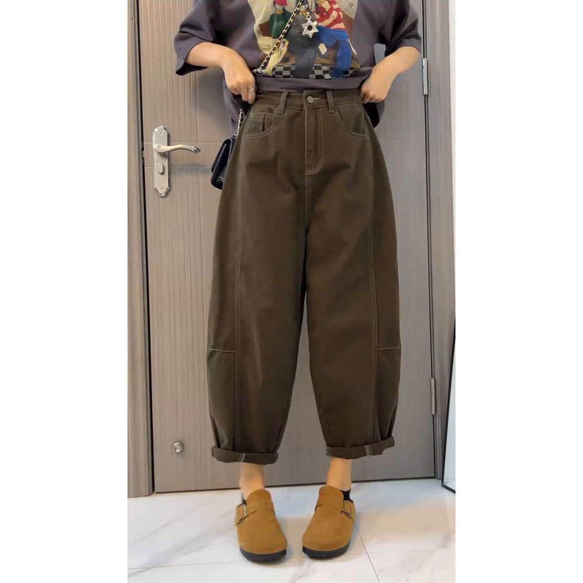 大码女装秋季新款松紧高腰老爹牛仔裤梨形身材宽松九分阔腿哈伦裤,女装/女士精品,牛仔裤,淘宝优惠券,粉丝福利购,淘宝优惠卷