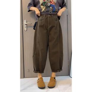 女装 梨形身材宽松九分阔腿哈伦裤 秋季 松紧高腰老爹牛仔裤 新款 大码