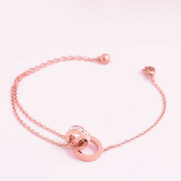 韩版时尚钛钢彩金钛钢双环锆石手链女玫瑰金镀18K不掉色饰品MS069