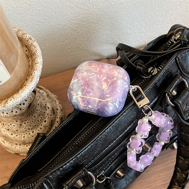 创意炫彩贝壳纹紫色适用AirPodspro3耳机壳女款手链AirPods4保护套二代pro2苹果无线蓝牙套三代ins风五代硬壳