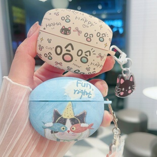 卡通趣味吃鱼的猫适用一加buds4蓝牙耳机壳可爱哈哈猫咪OPPO enco free4保护套丹拿版磨砂软壳clip防摔硅胶壳