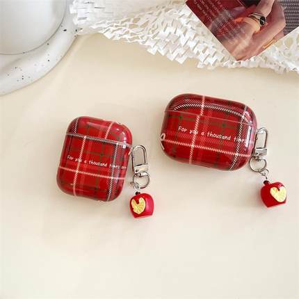 简约酒红色格子爱心AIrPods4代保护套适用苹果1/2代3代AIrPodsPro2无线蓝牙耳机壳文艺AIrPods三代耳机套五代