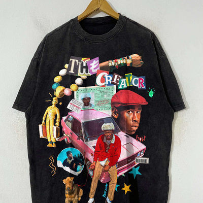 出口单 Tyler The Creator说唱嘻哈重磅印花水洗做旧短袖T恤 大码