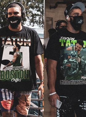 美式NBA篮球复古潮牌印花凯尔特人塔队图姆杰伦布朗重磅短袖T恤潮