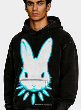 450克荧光渐变印花 美式朋克兔子大码宽松做旧水洗连帽卫衣情侣款