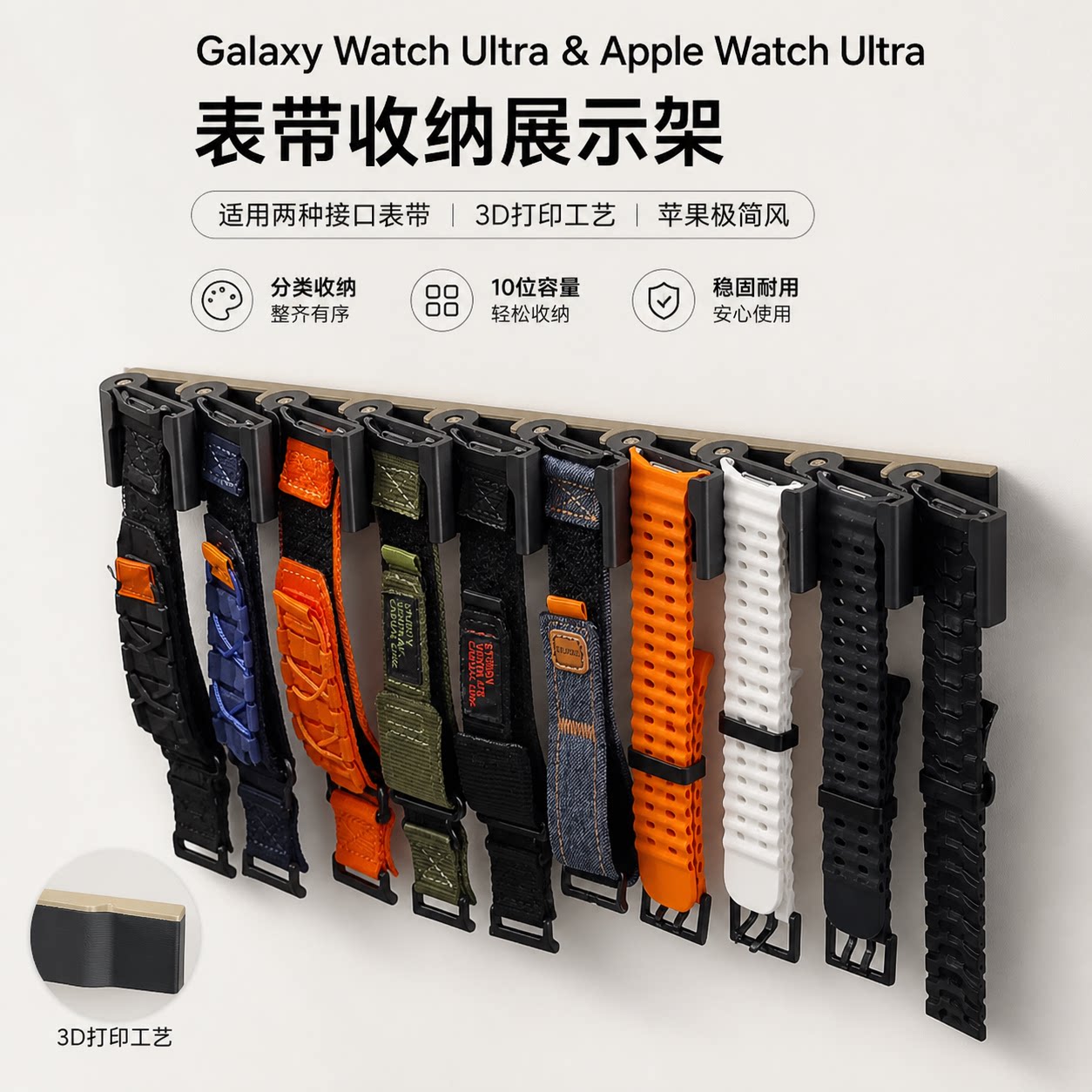 适用三星watch/AppleWatchUltra表带收纳架免打孔10位壁挂展示架