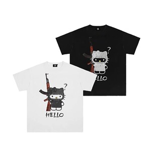 趣味恶搞Hello Kitty原创标语短袖t恤宽松重磅纯棉300g情侣上衣