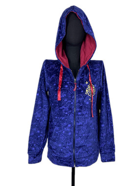 啥利波特刺绣徽章蓝色连帽卫衣女士拉链抓绒外套宽松摇滚朋克风