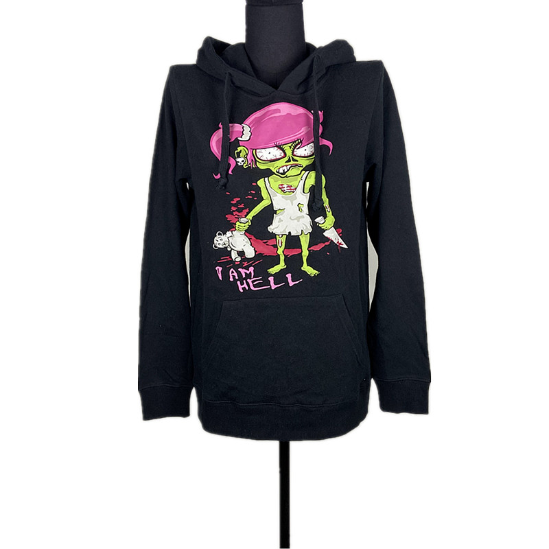 包邮仅一件搞怪涂鸦风连帽卫衣女黑色卡通印花宽松外套帽衫暗黑