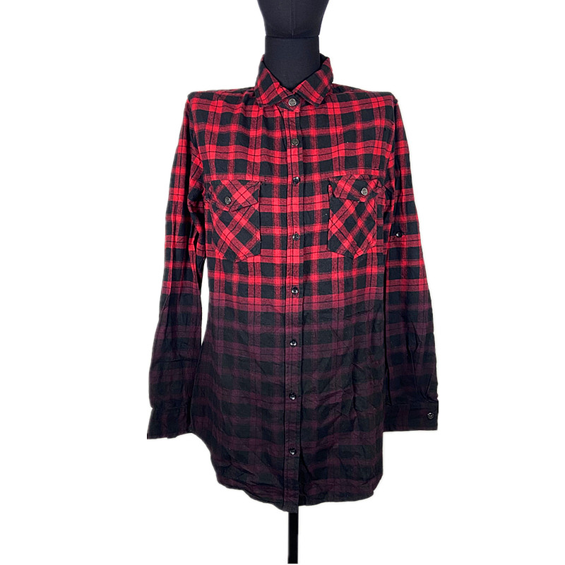 微瑕包邮复古格子渐变衬衫女款长袖翻领宽松口袋骷髅棉质磨毛衬衣