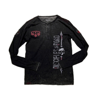 T恤暗黑机车 仅一批瑕疵 亨利领水洗做旧贴布刺绣长袖 男款 包邮