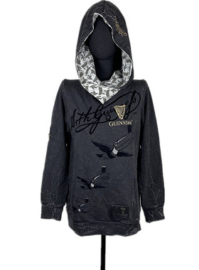 包邮Guin*s刺绣水洗连帽套头女卫衣乌鸦植绒印花暗黑哥特朋克摇滚