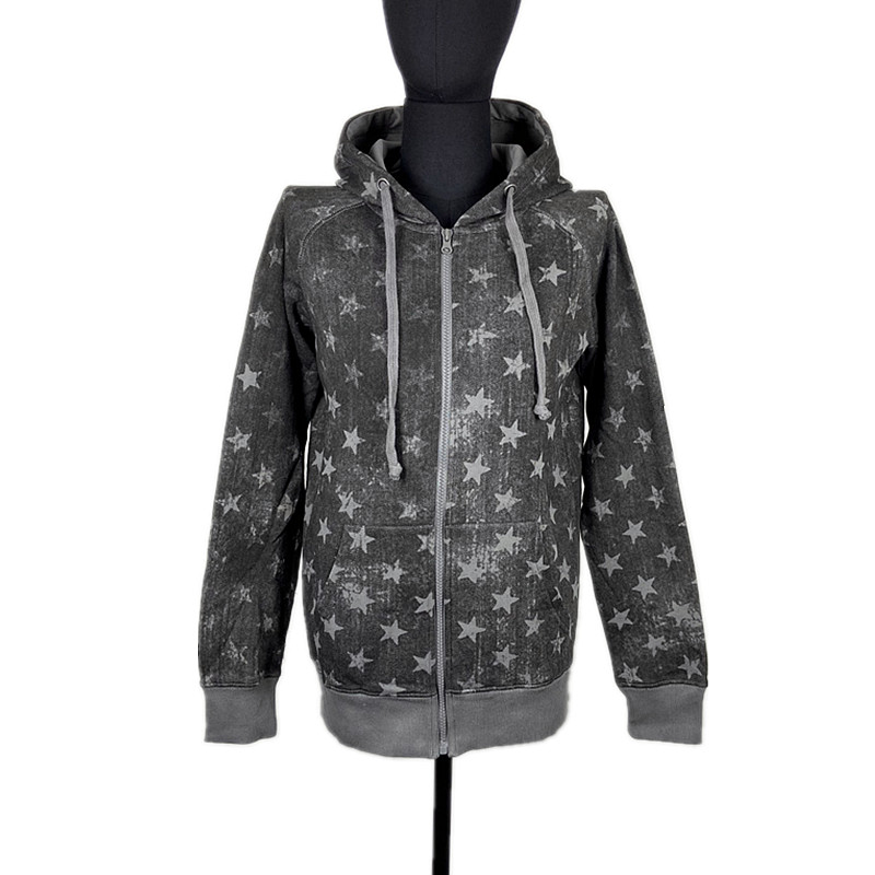 星星龟裂印花连帽卫衣女拉链外套休闲帽衫灰色水洗做旧仅一件包邮