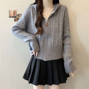 2025年秋季女装女士精品毛针织衫戴帽开衫拉链慵懒休闲