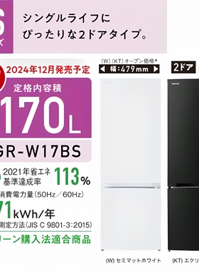 日本直邮东芝25年新款170升小容量两门白色冰箱耐热顶板GR-W17BS