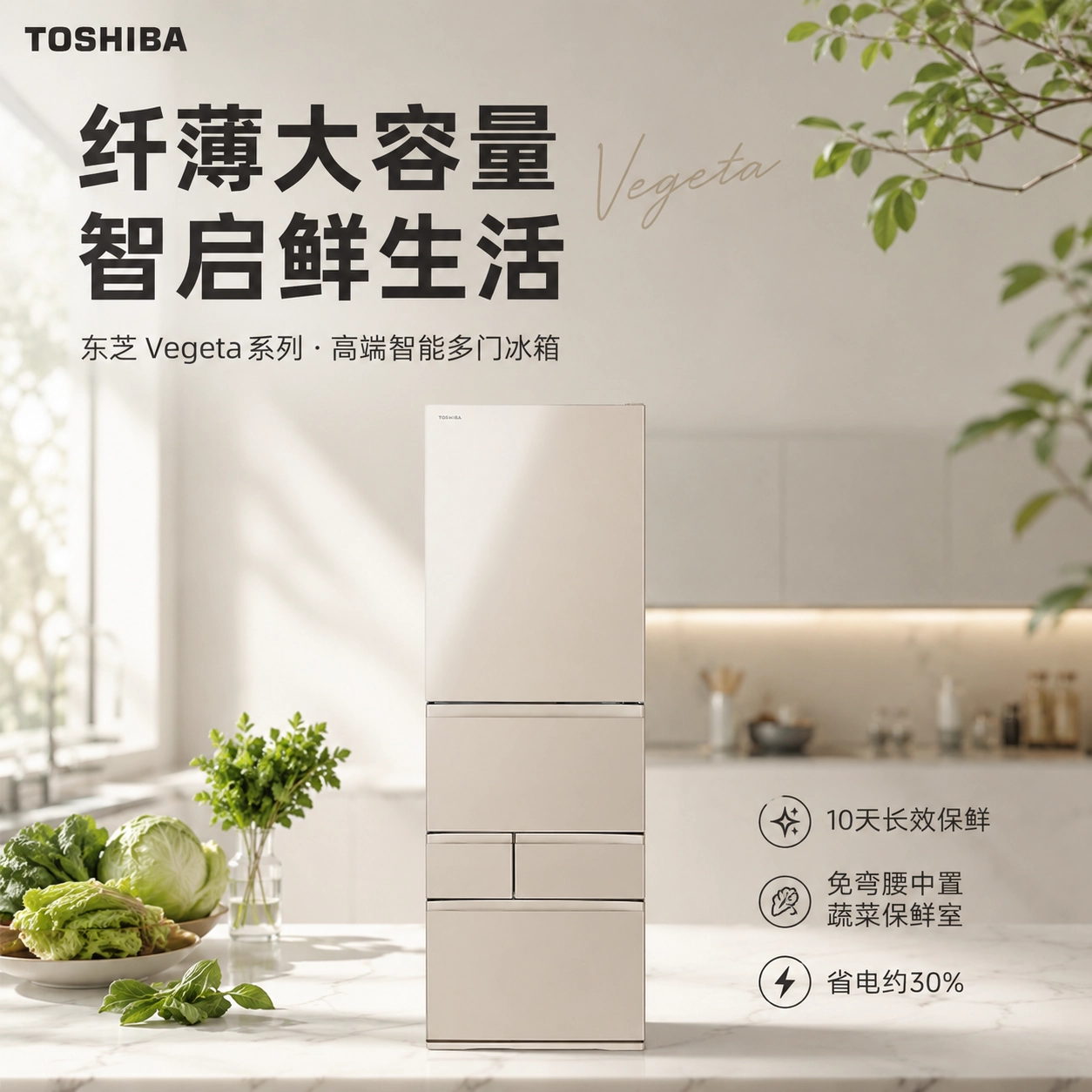 日本直邮东芝5门冰箱GSH系列家用大容量超薄智能中置蔬菜保鲜465L