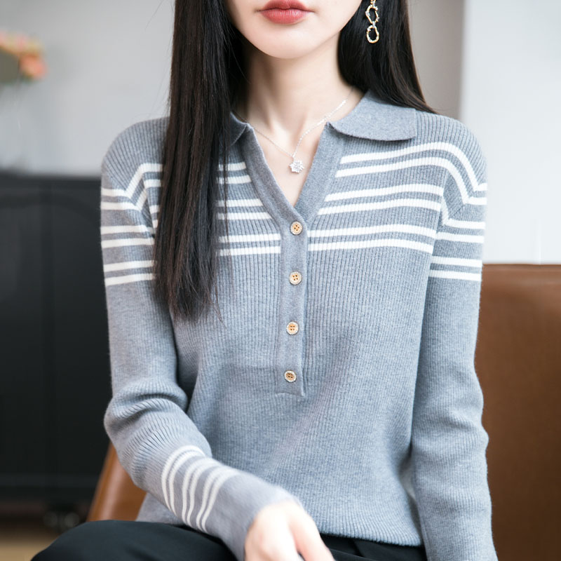 ROUMIKL法式撞色条纹POLO领针织衫女2025新款内搭保暖修身打底衫