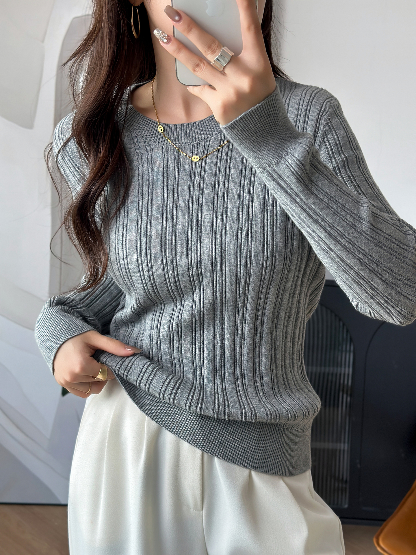 ROUMIKL法式圆领100纯线针织打底衫女2025新款简约洋气巨好看毛衣