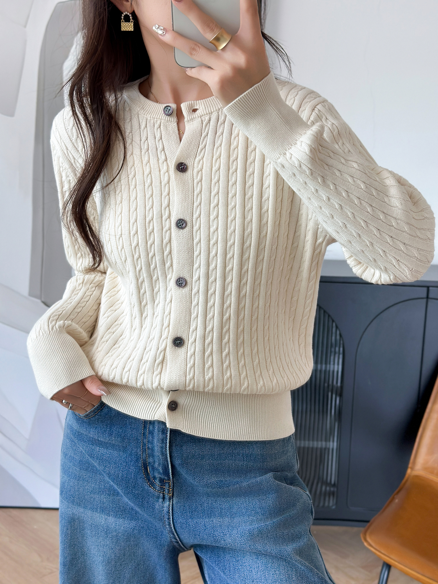 ROUMIKL法式覆古麻花100纯线针织开衫女短外套毛衣2025新外搭miu