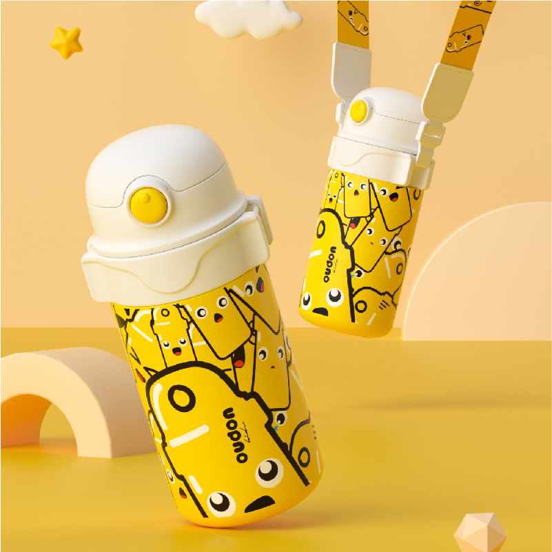 OUDON儿童保温杯大容量水杯316不锈钢防摔便携背带吸管杯460ml