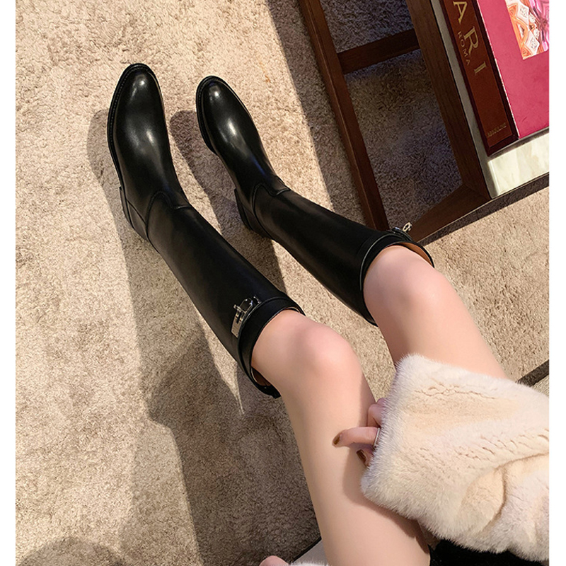 骑士靴侧拉链斜口不过膝中筒靴