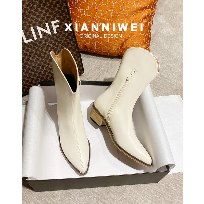 2025年春秋新款白色马丁靴尖头V口西部牛仔靴粗跟瘦瘦骑士靴子女,女鞋,时装靴,淘宝优惠券,粉丝福利购,淘宝优惠卷